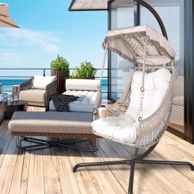 Swing Egg Chair with Stand Indoor Outdoor, UV Resistant Cushion Hanging Chair with Cup Holder (Color: Beige)